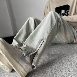 Side Zipper Skinny Jeans For Men Retro Straight-leg Pants