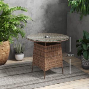 Wicker Garden Rattan Table, Patio Furniture Outdoor Coffee Table With Umbrella Hole And Tempered Glass Top, Brown