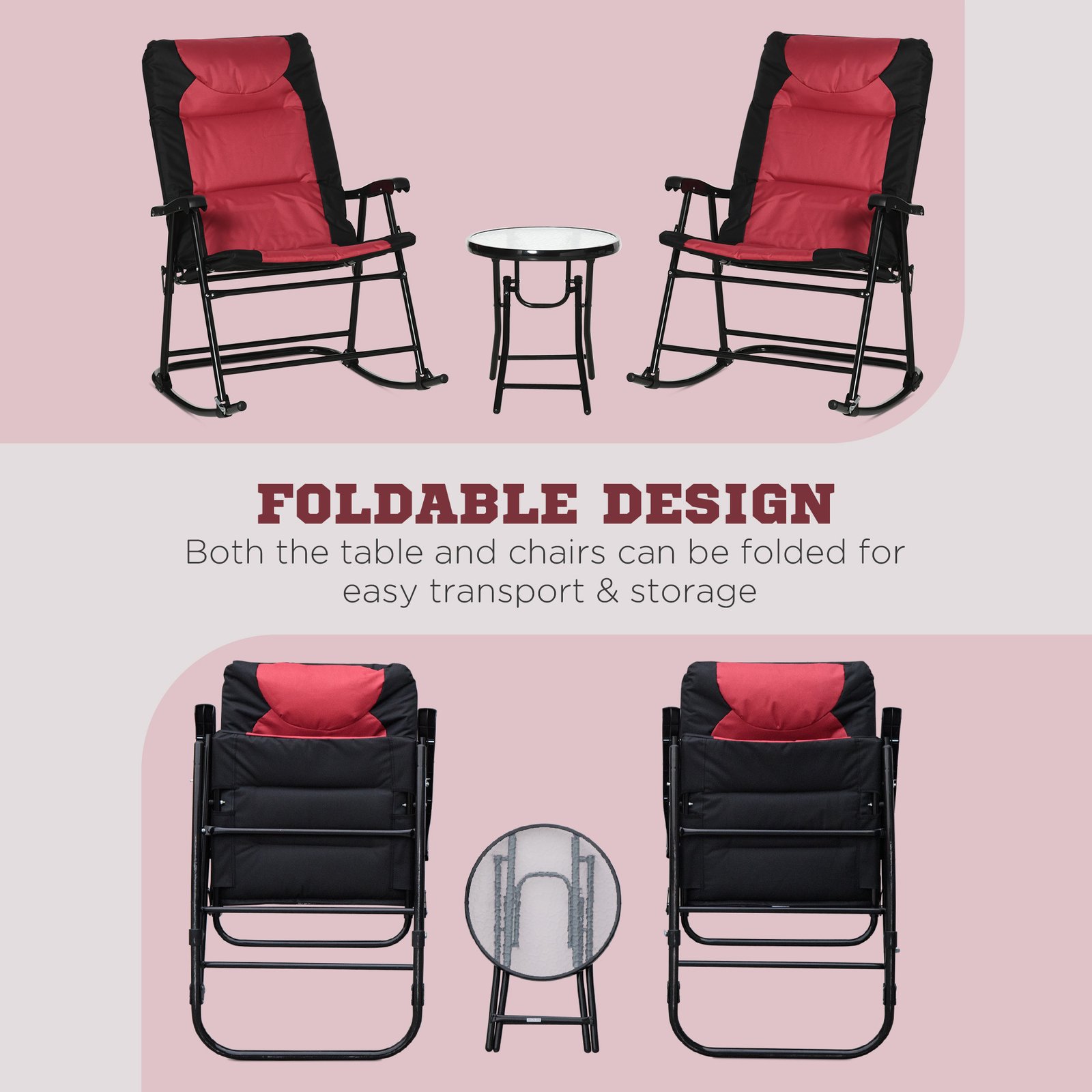 3 Piece Outdoor Patio Furniture Set with Glass Coffee Table & 2 Folding Padded Rocking Chairs, Bistro Style for Porch, Camping, Balcony, Red - Image 5