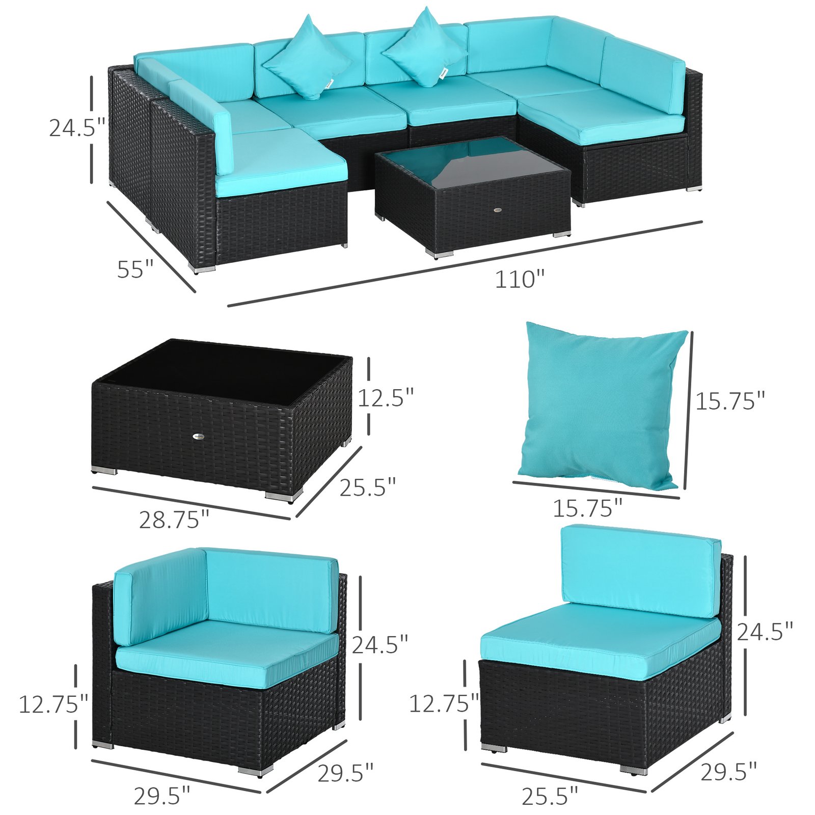 7-Piece Patio Furniture Set, Outdoor Wicker Conversation Set, All Weather PE Rattan Sectional Sofa Set with Cushions and Tempered Glass Top Coffee Table, Pillows, Turquoise - Image 3