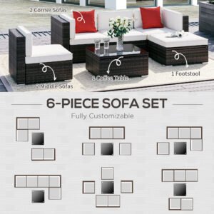 6 Piece Patio Furniture Set Outdoor Wicker Conversation Set All Weather PE Rattan Sectional Sofa Set with Ottoman, Cushions and Tempered Glass Table, Mixed Brown and Cream White