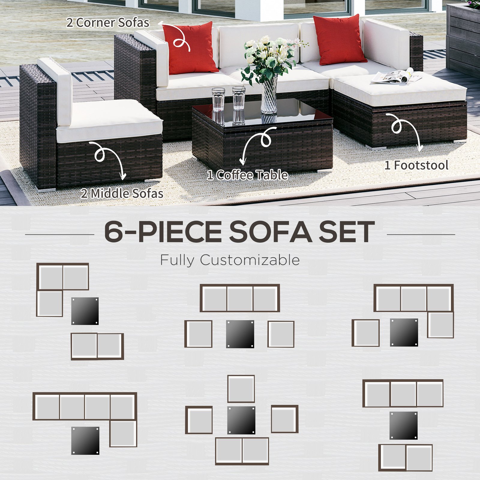 6 Piece Patio Furniture Set Outdoor Wicker Conversation Set All Weather PE Rattan Sectional Sofa Set with Ottoman, Cushions and Tempered Glass Table, Mixed Brown and Cream White - Image 7
