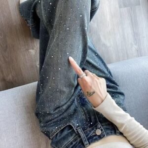 Korean Style Rhinestone High Waist Narrow Wide Leg Jeans