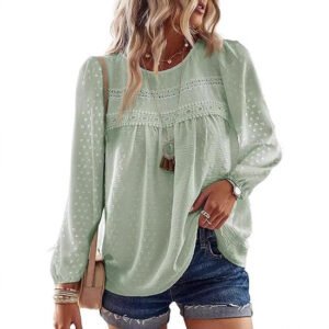 Bohemian Minimalist Chic Round-neck Chiffon Top With Multicolored Lace Trim