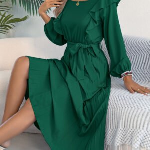 Elegant Ruffled Square-neck Long-sleeved Waist-pleated Dress