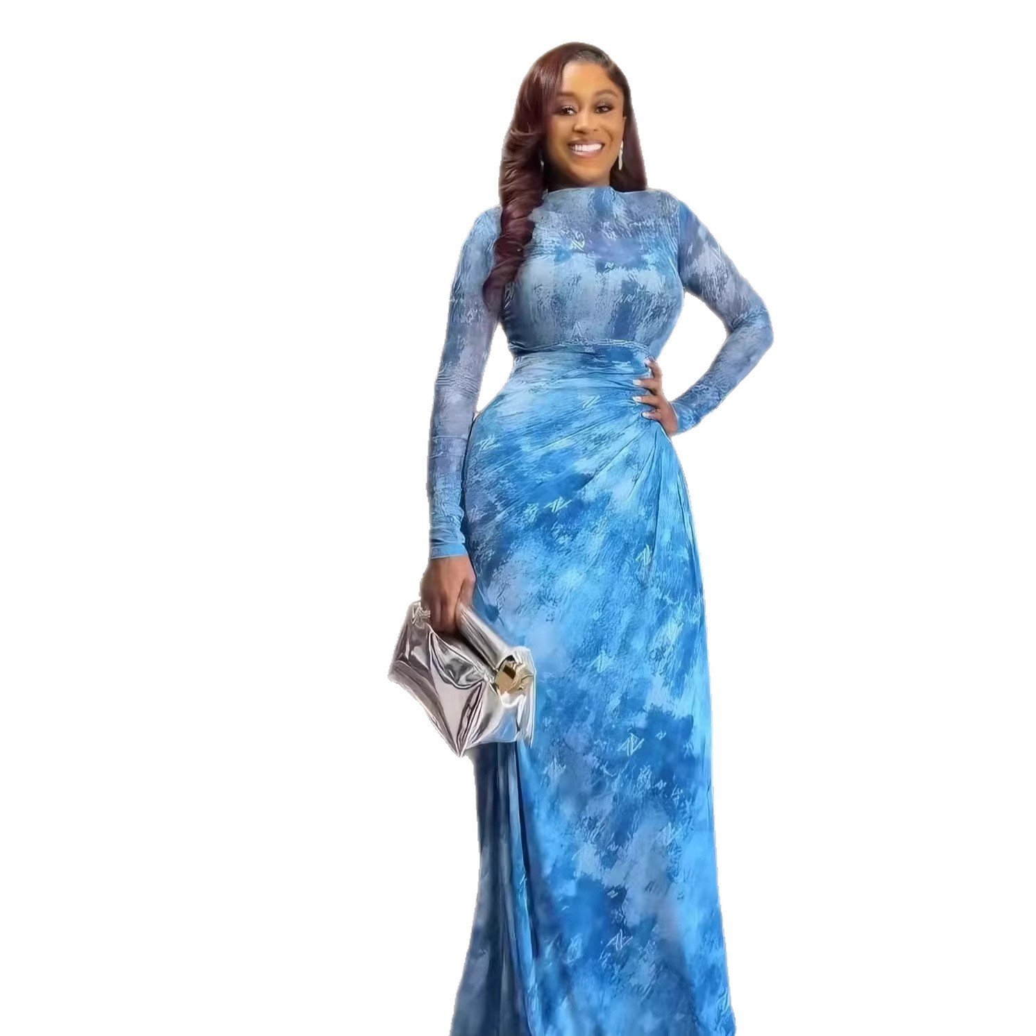 Printed Mesh Maxi Dress With Long Sleeves - Image 5