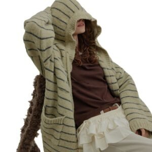 Versatile Contrast Color Striped Hooded Knitted Vintage Artistic Lazy Mid-length Sweater