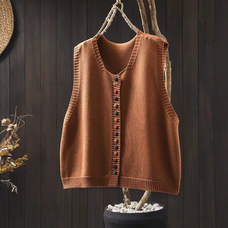 Spring And Autumn Outer Wear Solid Color And V-neck Color Buckle Knitted Cardigan Vest Vest For Women - Image 6