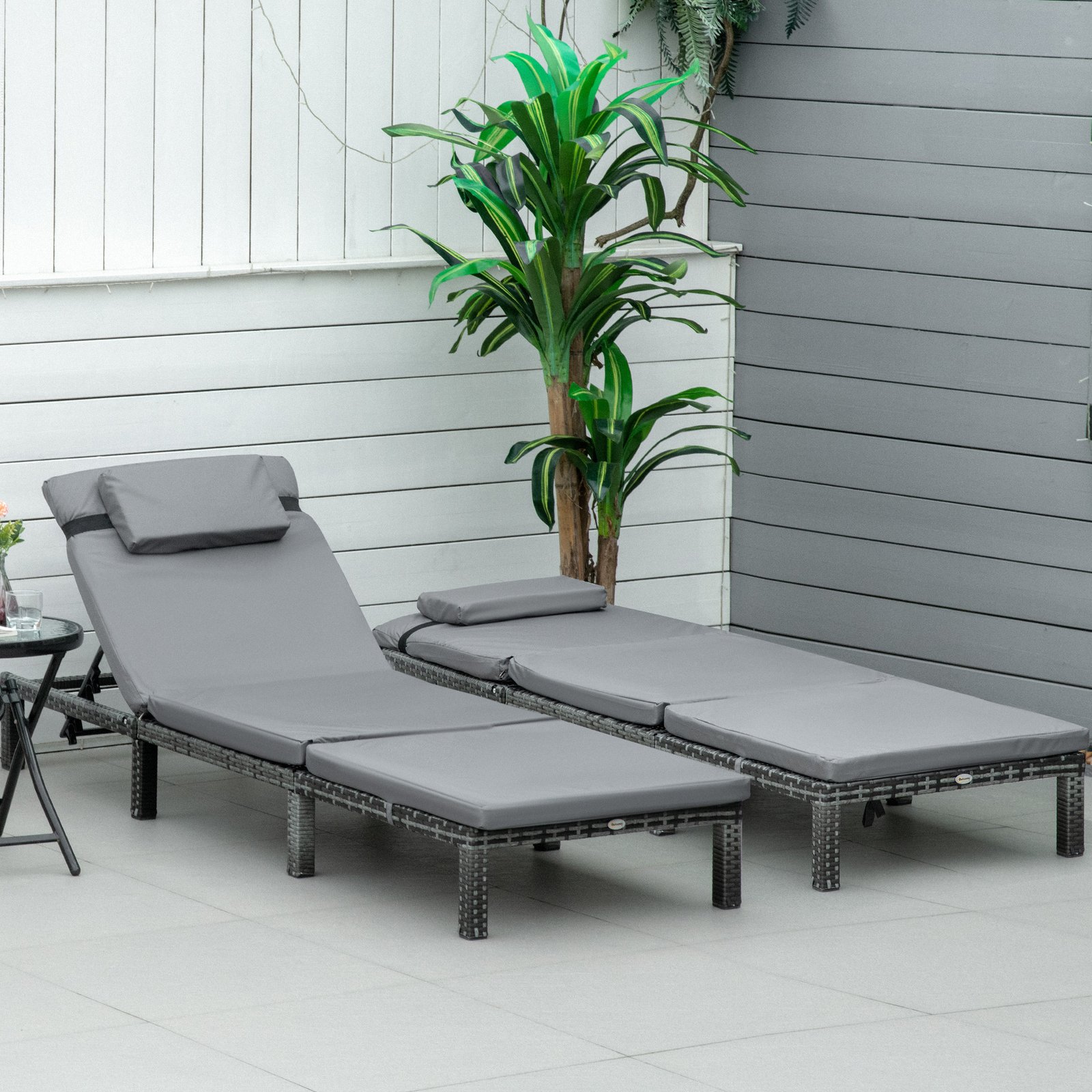2 Pieces Outdoor PE Rattan Sun Loungers Set Of 2 With Cushion, Garden Wicker Sunbed Furniture With 5 - Level Recliner Backrest, Grey - Image 2