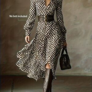 V-neck Puffy Long-sleeve High-waisted A-line Maxi Skirt For Women