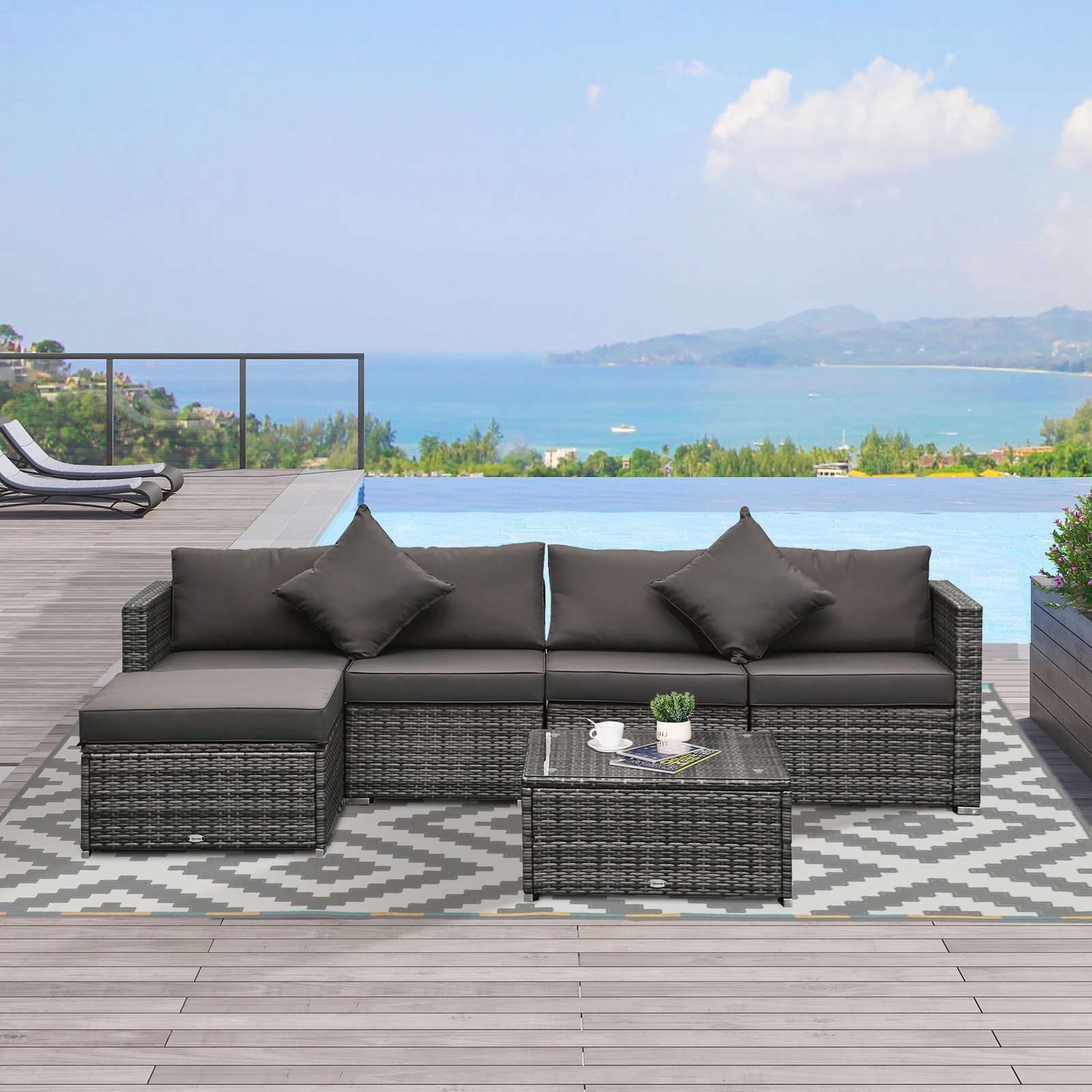 6 Piece Patio Furniture Set Outdoor Wicker Conversation Set All Weather PE Rattan Sectional Sofa Set with Ottoman, Cushions and Tempered Glass Table, Mixed Gray and Charcoal - Image 2