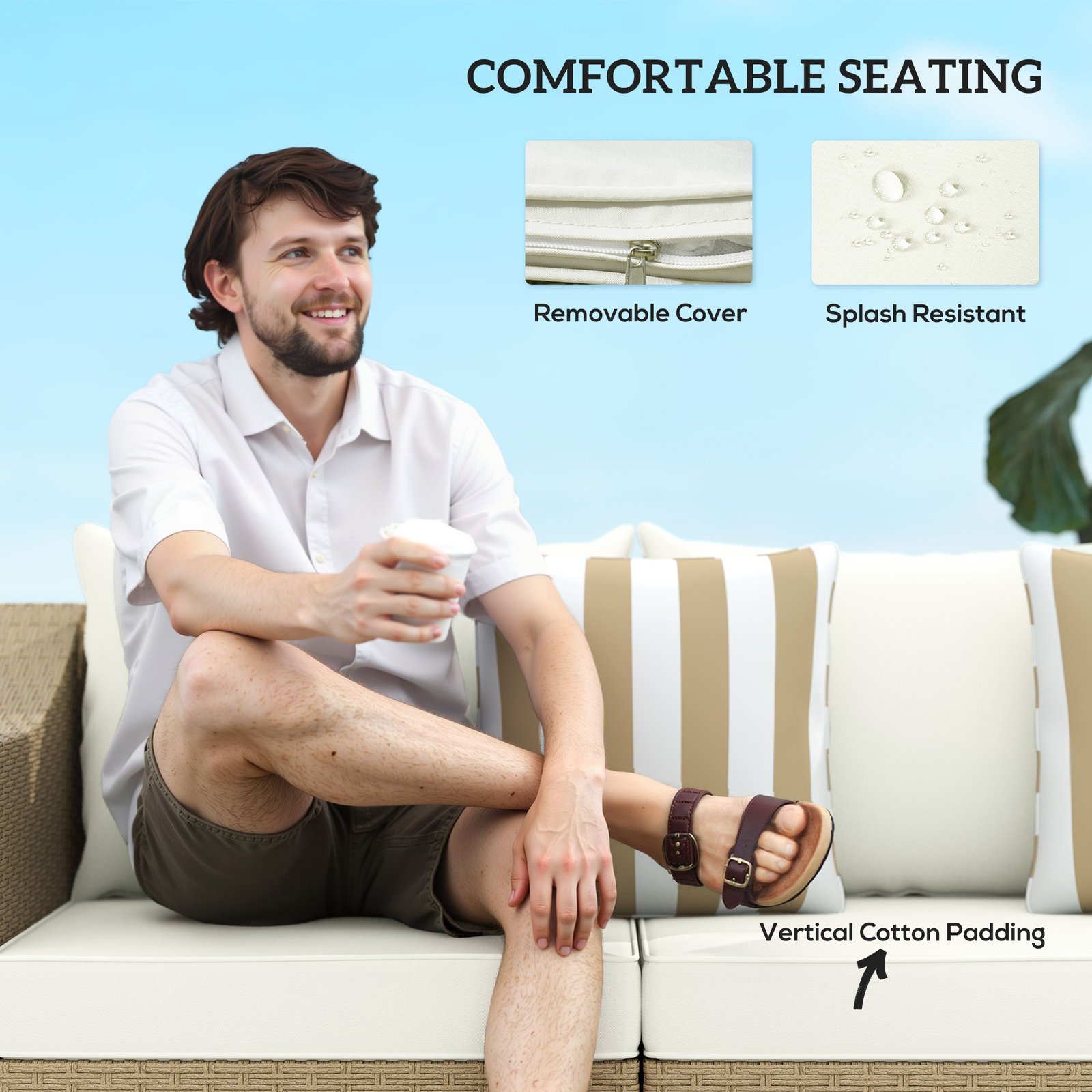 Rattan Wicker 3 Seater Patio Couch With Cushions, 2 Throw Pillows, Outdoor Furniture Rattan Sofa, Cream White - Image 5