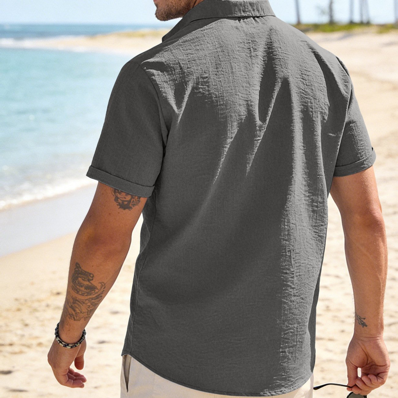 Mens Solid-color Short-sleeve Lapel Shirt - Image 3