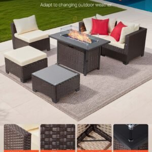 6-Piece Outdoor Patio Furniture Set, Wicker Rattan Outdoor Sectional Conversation Set With 50000BTU Propane Fire Pit Table, Cushioned Sofas, Coffee Table & Ottoman For Patio Garden Backyard