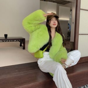 Fried Street Fluorescent Green Environmental Protection Fox Fur Jacket