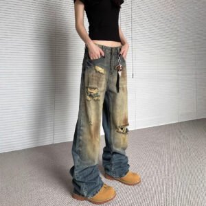 Niche Make Old Ripped Denim Fashion Brand Loose Straight Wide Leg Smart Trousers