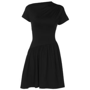 Lace-up Pleated Solid-color Short-sleeve Dress