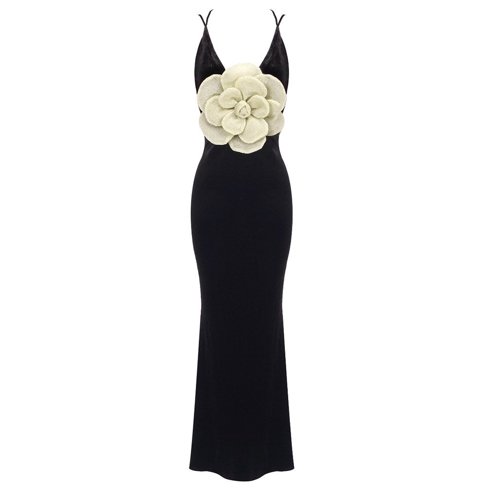 Black Camisole Backless Slim Fit Golden Flower Dress - Image 5