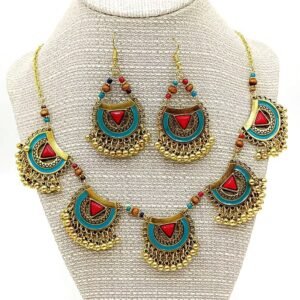 Women's Vintage Metal Indian Necklace And Earrings Suite