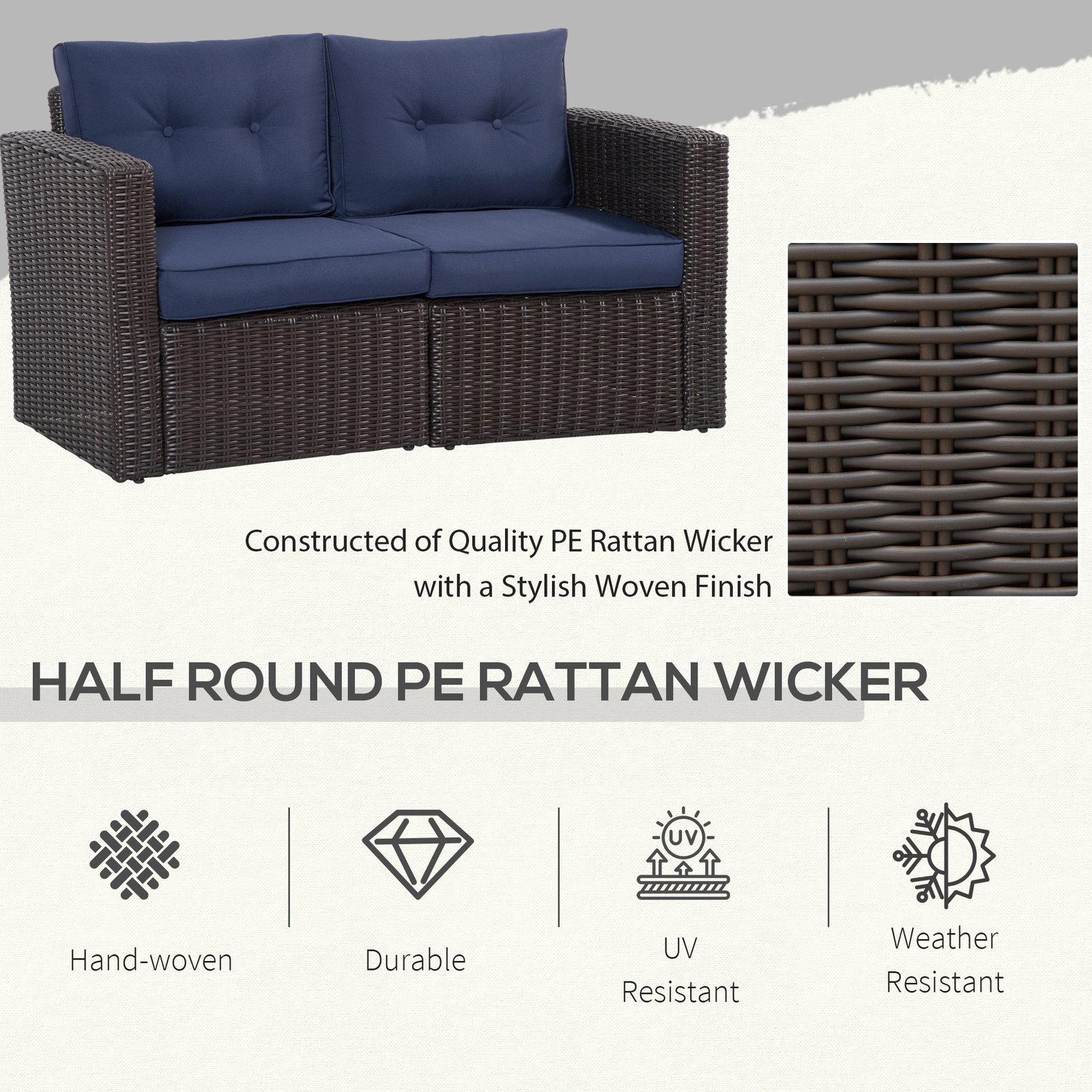 2 Piece Patio Wicker Corner Sofa Set, Outdoor PE Rattan Furniture, with Curved Armrests and Padded Cushions for Balcony, Garden, or Lawn, Dark Blue - Image 4