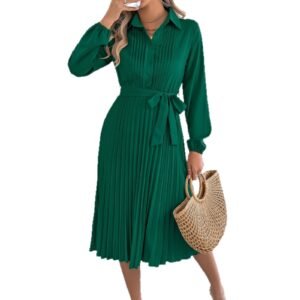 Solid Color Lapel Long Sleeve Waist Pleated Dress