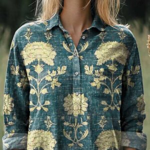 New Casual Printed Floral Button Polo Collar Top Shirt For Women