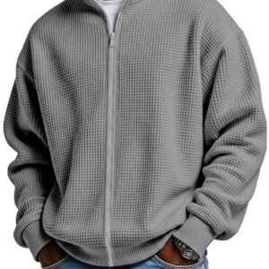 Mens Minimalist Solid-Color Waffle-Weave Stand-Up Collar Zip-Up Jacket