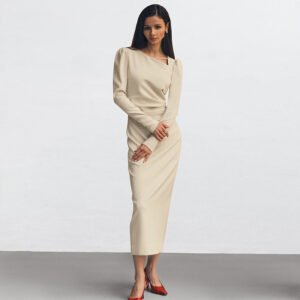 Womens Elegant Asymmetrical-Neckline Puff-Sleeved Bodycon Split Dress