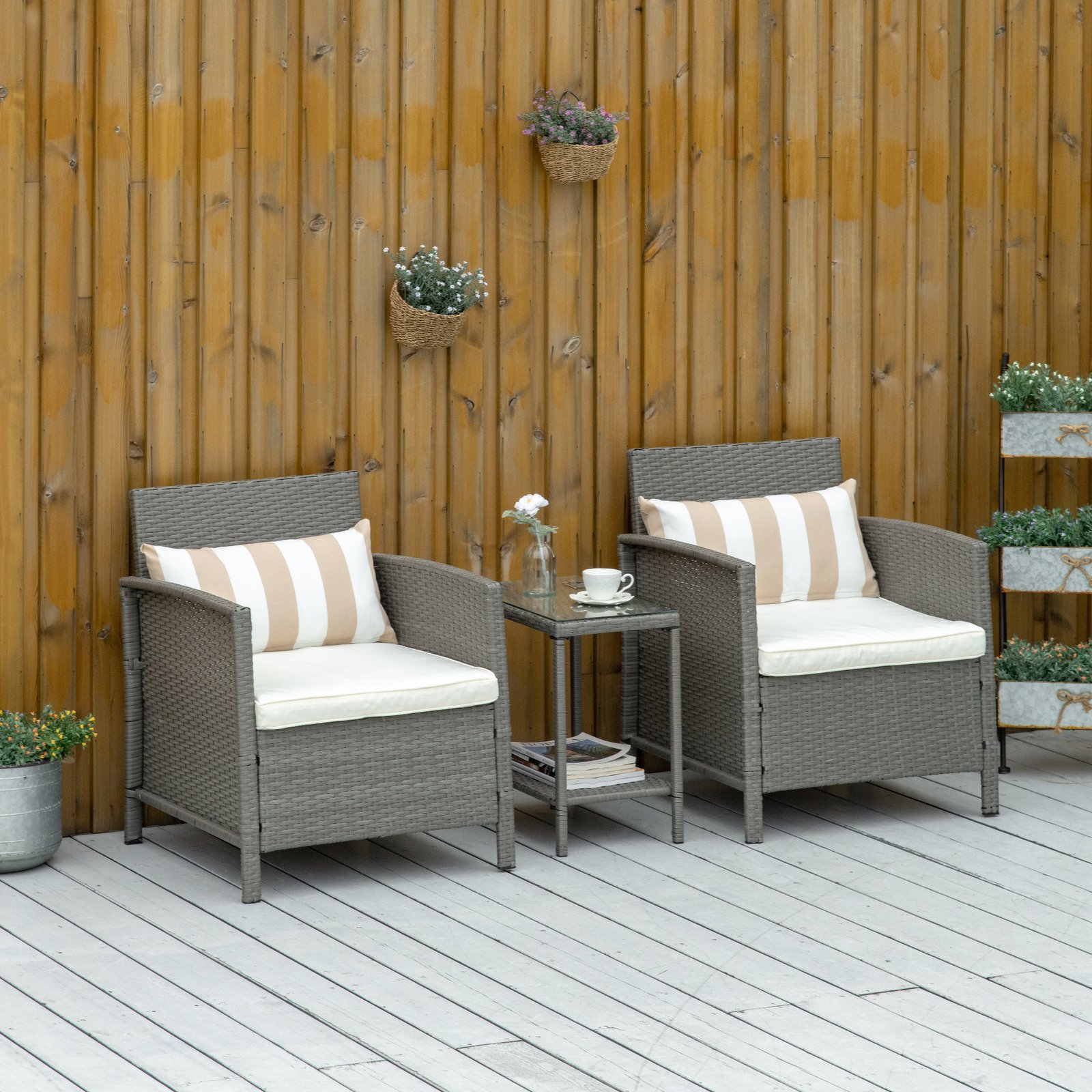 3 Pieces Rattan Bistro Set, Wicker Garden Furniture Set, Glass Top 2-tier Coffee Table And Chairs Set With Pillows And Washable Cushions For Outdoor, Patio, Balcony, Light Grey - Image 2