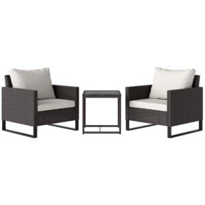 3 Pieces Rattan Bistro Set With 4 Cushions, Wicker Garden Furniture Set, Glass Top Coffee Table And Chairs For Outdoor Patio, Balcony, Terrace And Conservatory, Brown