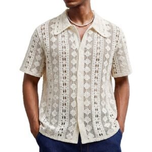 Mens Short-Sleeve Cardigan Crochet Hollow-Out Knitted Sweater