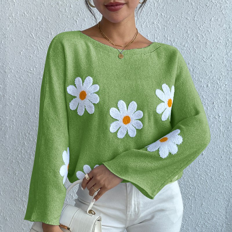 Sweet Flowers Loose Knitted Sweater For Women - Image 4