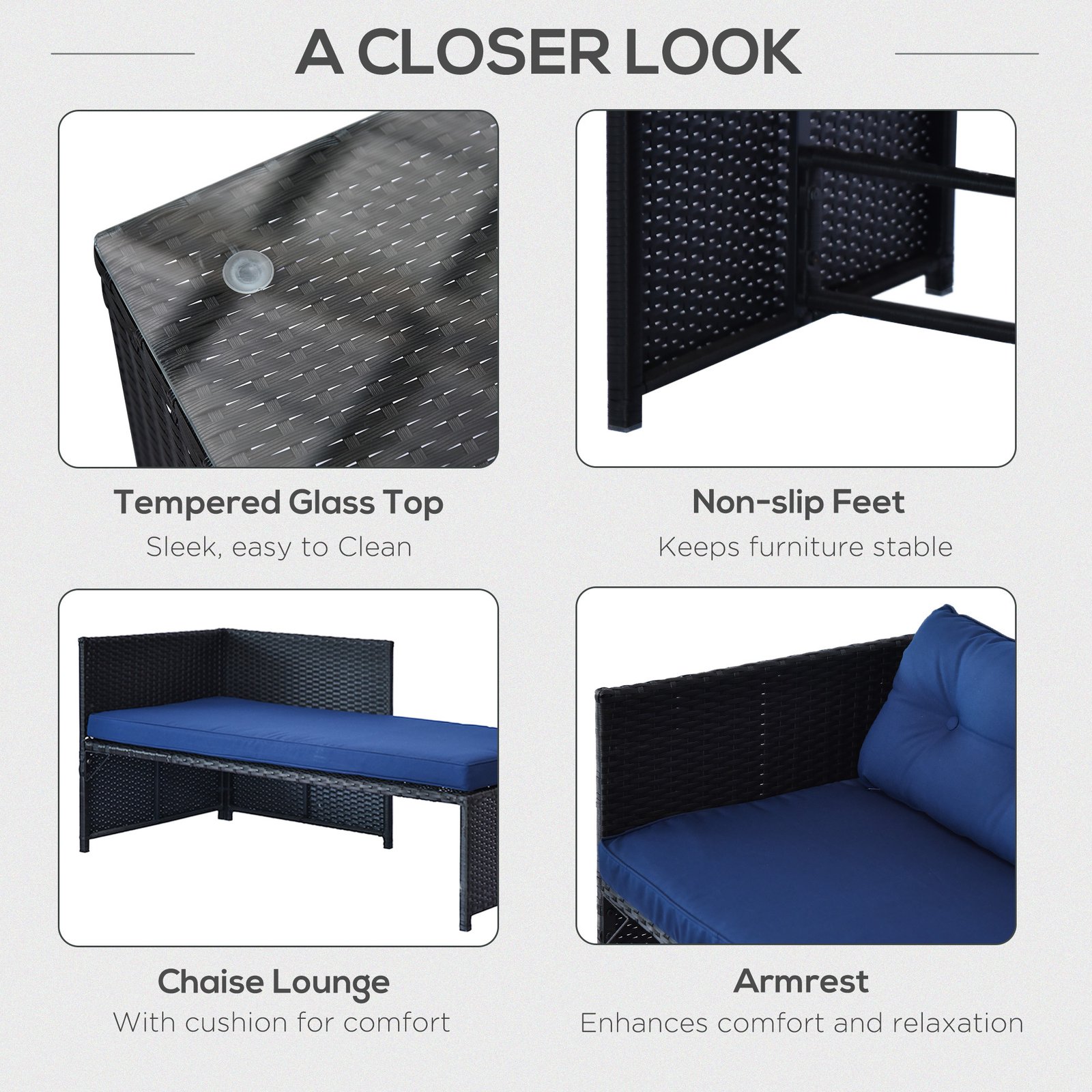 3 Piece Patio Furniture Set, Rattan Outdoor Sofa Set With Chaise Lounge & Loveseat, Soft Cushions, Tempered Glass Table, L-Shaped Sectional Couch, Blue - Image 5