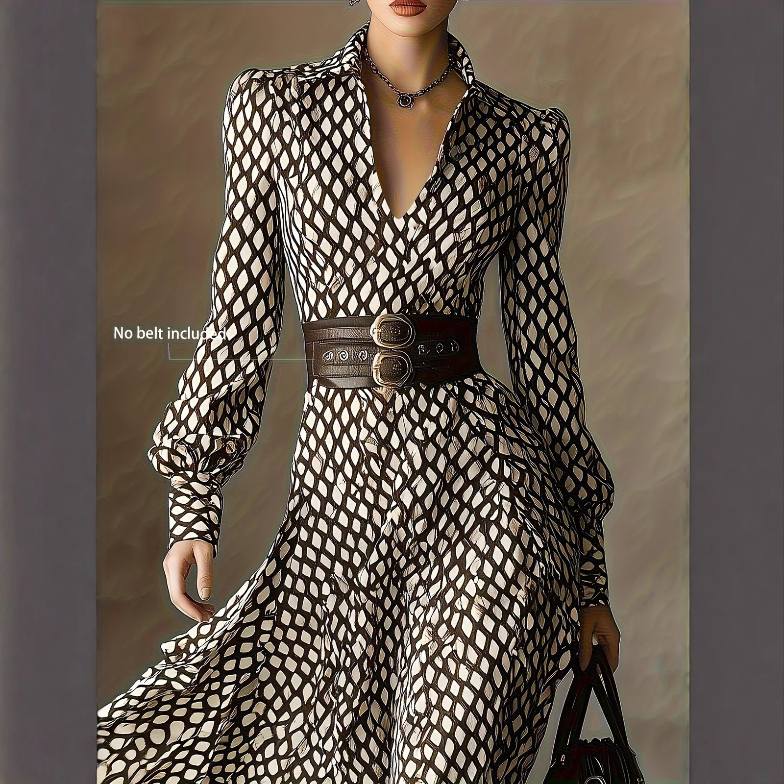 V-neck Puffy Long-sleeve High-waisted A-line Maxi Skirt For Women - Image 3