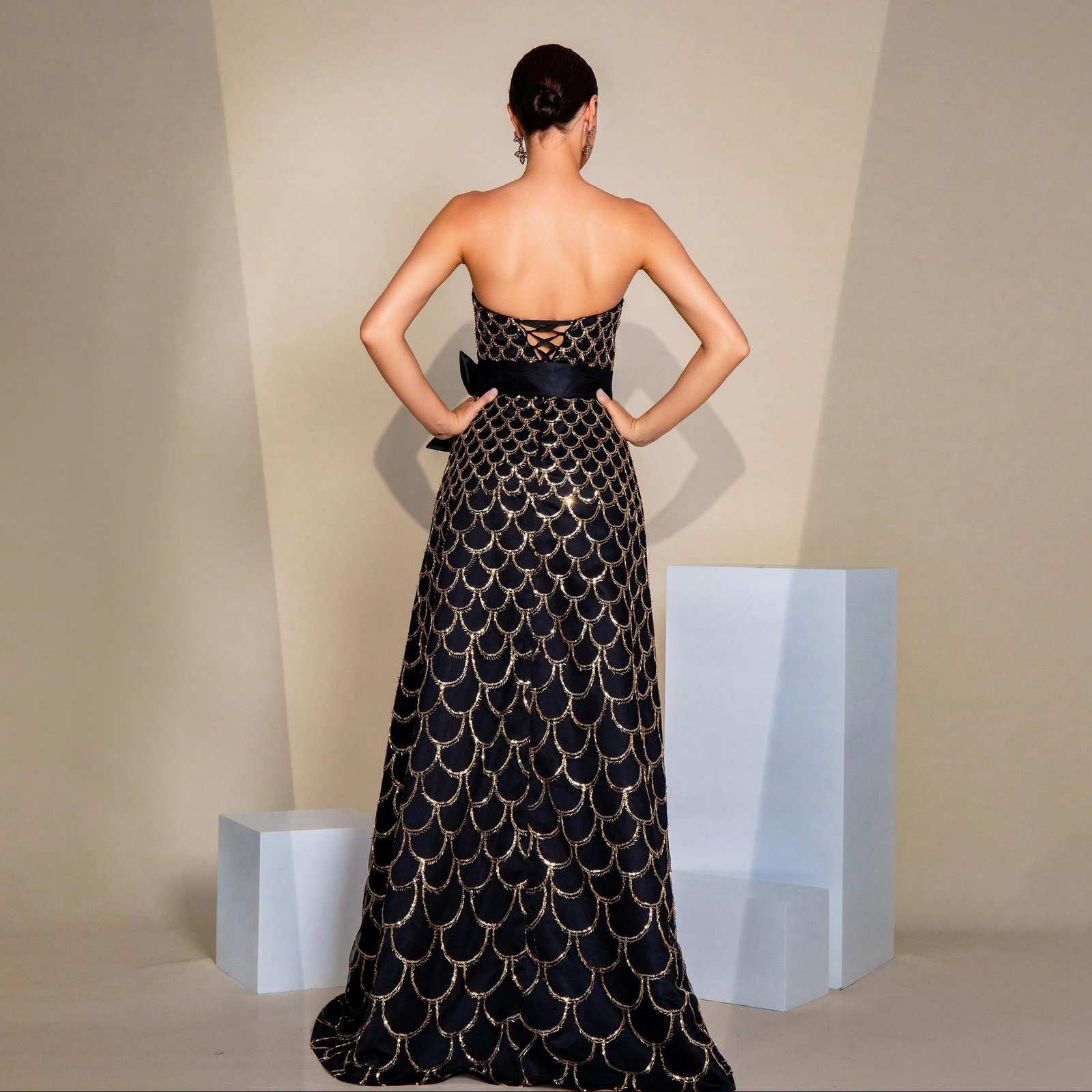 Off-neck Wrapped Chest Nipped-waist Large Swing Sequined Evening Dress - Image 3