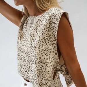 Fashionable Apricot-Colored Women's Vest With Lace-up Sides And Leopard Print