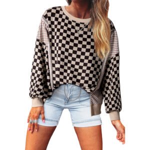 Women's Simple And Versatile Round-Neck Plaid Patchwork Pullover