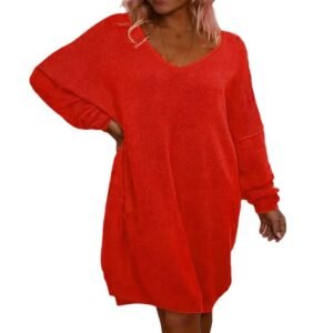 Knitted Long-sleeve Solid-color Sweater Dress
