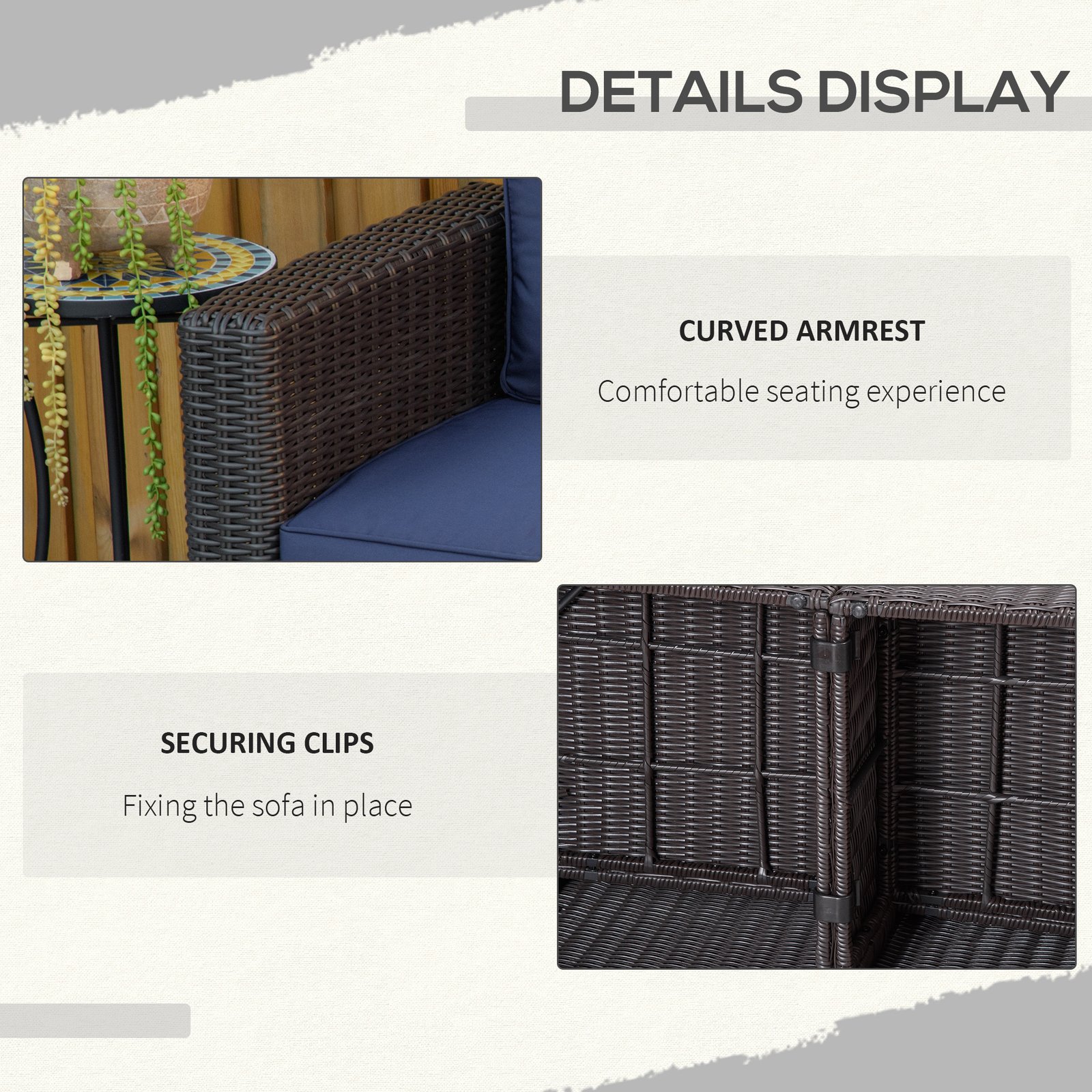 2 Piece Patio Wicker Corner Sofa Set, Outdoor PE Rattan Furniture, with Curved Armrests and Padded Cushions for Balcony, Garden, or Lawn, Dark Blue - Image 6