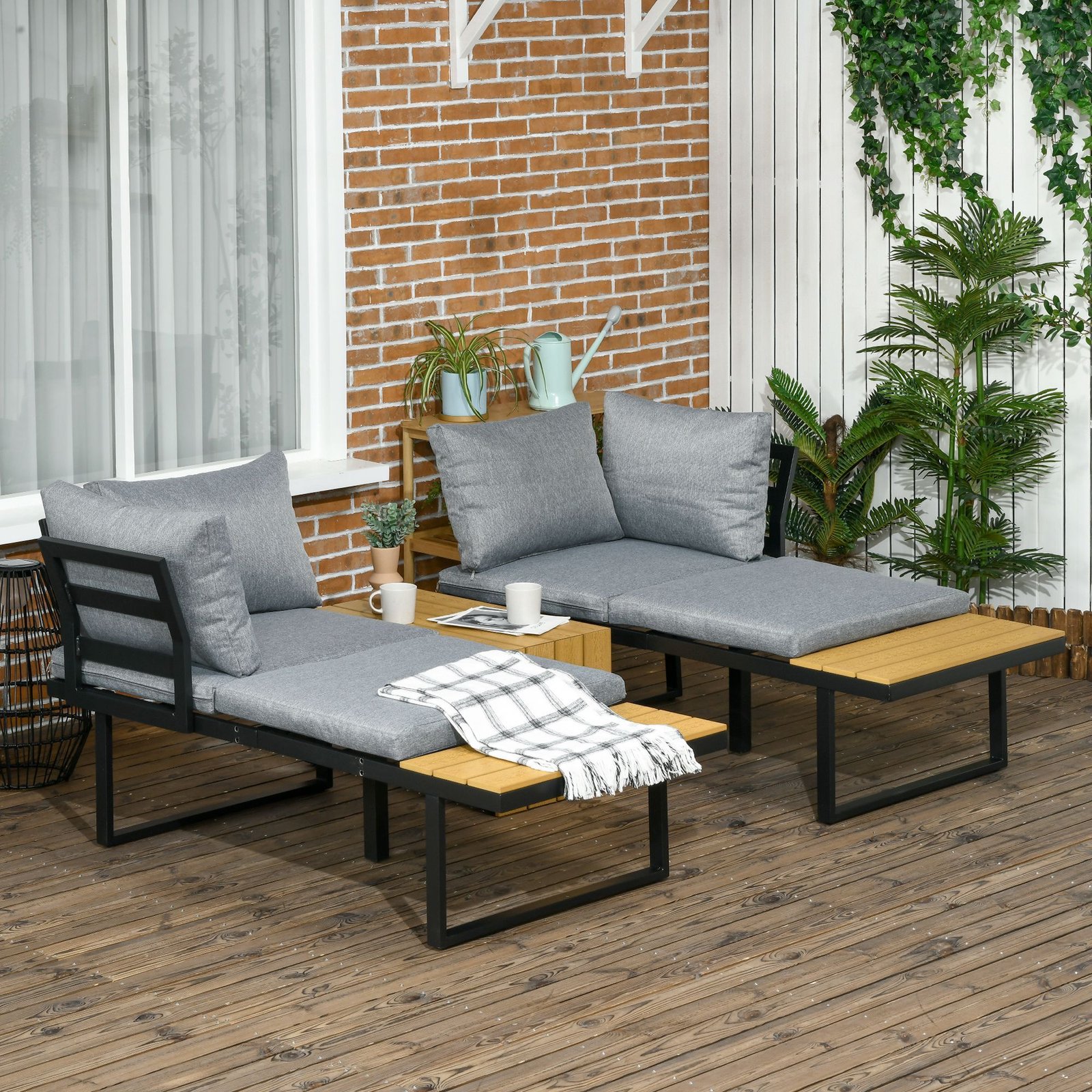 3 Pieces Patio Furniture Set, Outdoor Garden Sofa Conversation Set W/ Padded Cushions, Wood Grain Plastic Top Table And Side Panel, Dark Grey - Image 2