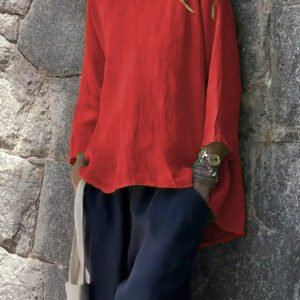 Women's Loose Linen Cotton Round Neck Long Sleeve Shirt