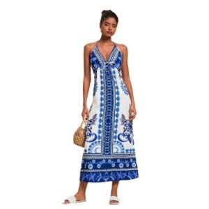 Womens Woven Printed Backless Halter Maxi Dress For Vacation