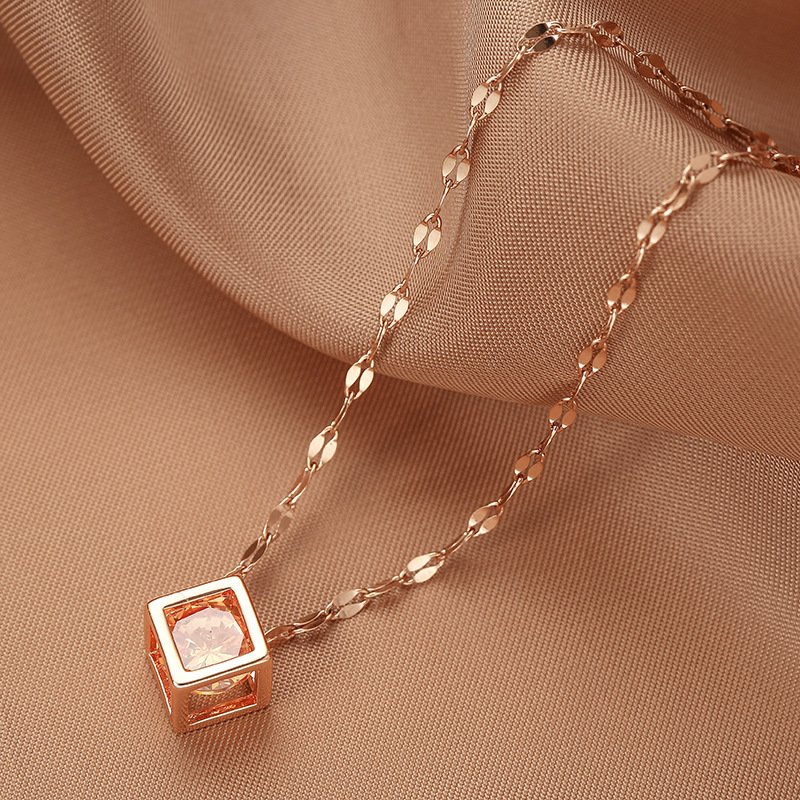 Geometric Hollow Square Zircon Rose Gold Minimalist Necklace - Image 3