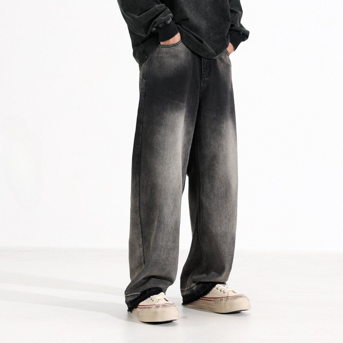 American-style Heavy Washed Black And Gray Straight Jeans Men's Loose Wide Leg Casual Trousers - Image 4
