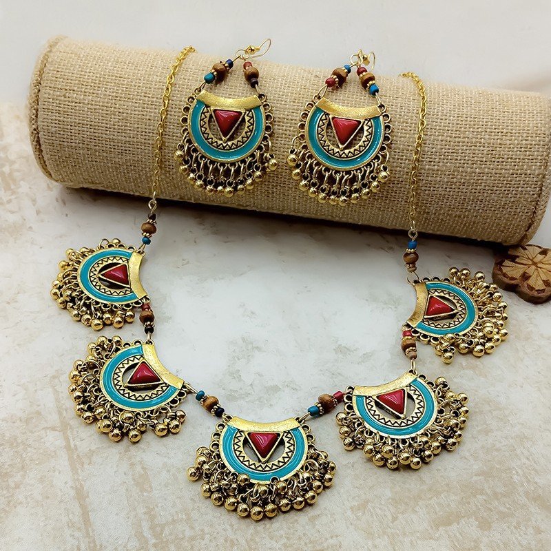 Women's Vintage Metal Indian Necklace And Earrings Suite - Image 2