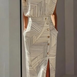 Women's Modern Retro Geometric Striped Round Neck Sleeveless Slim Fit Midi Dress With Slit