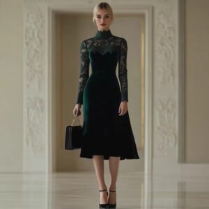 Vintage Velvet Stitched Lace High-Neck Long-Sleeve Midi Dress