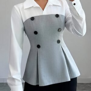 Women's Long-sleeved Contrast Color Double Breasted Fitted Waist Shirt