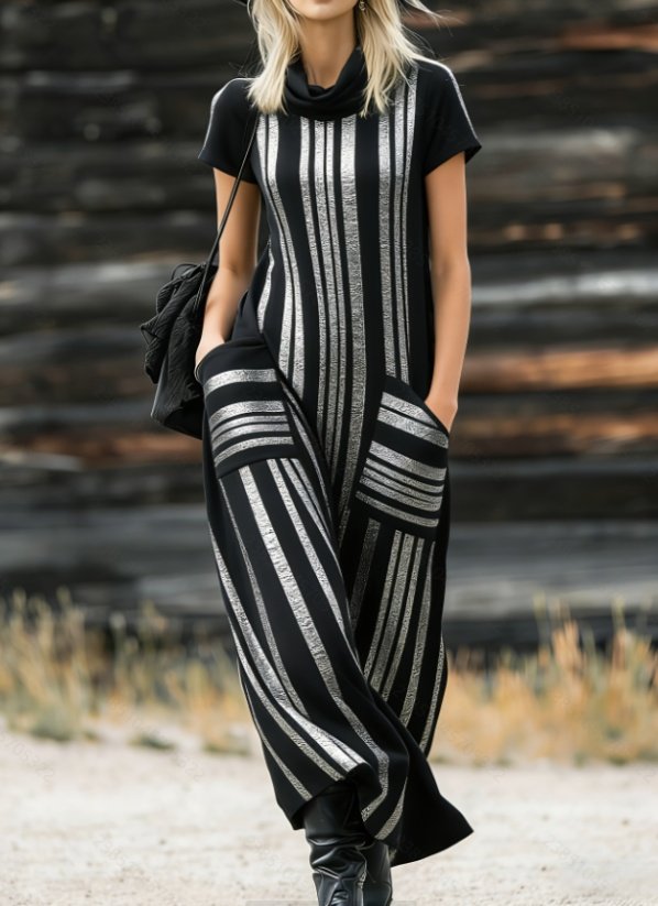 High-neck Short-sleeve Wide-leg Dress
