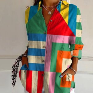 Striped Long-sleeved Shirt Women's Rainbow Cardigan Contrast Color Coat Lapel